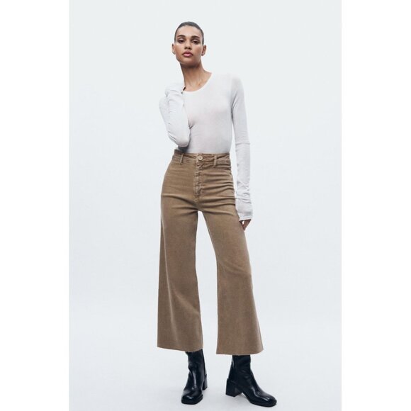 ZARA Marine Straight Tan Stretch Denim High Waisted Wide Leg Jeans, Size 4/26 - Picture 1 of 15